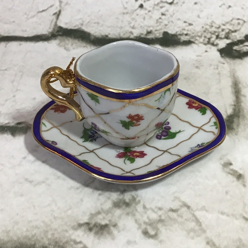 Miniature Teacup And Saucer‎ Christmas Ornament Blue Gold Trim Oval Shape
